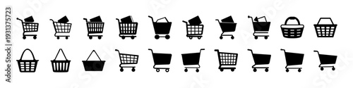Shopping Cart and Basket Silhouette Icon Set - Black silhouette icon collection featuring various shopping carts and baskets isolated on white background for retail, ecommerce, and supermarket concept