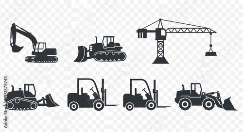 Collection of construction vehicles and machinery silhouettes.