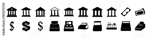 Banking and Finance Silhouette Icon Set - Black silhouette icon collection featuring bank buildings, dollar symbols, cash registers, safes, cards, and payment terminals isolated on white background.
