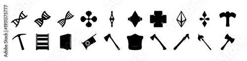 Black Tool and Hardware Silhouette Icon Set - Collection of black silhouette tool and hardware icons including hammers, axes, saws, and construction symbols isolated on white background for industrial
