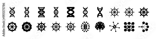 Black Nautical and Marine Icon Collection - Black silhouette icon set featuring nautical wheels, anchors, ship steering symbols, and marine elements isolated on white background for maritime concepts.