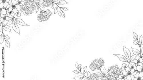 Beautiful black and white floral line art arrangement placed symmetrically in the top and bottom corners of the frame.