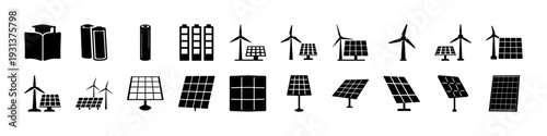 Solar Energy and Renewable Power Icons Set - Black silhouette icon set featuring solar panels, wind turbines, batteries, and renewable energy symbols isolated on white background for green technology 