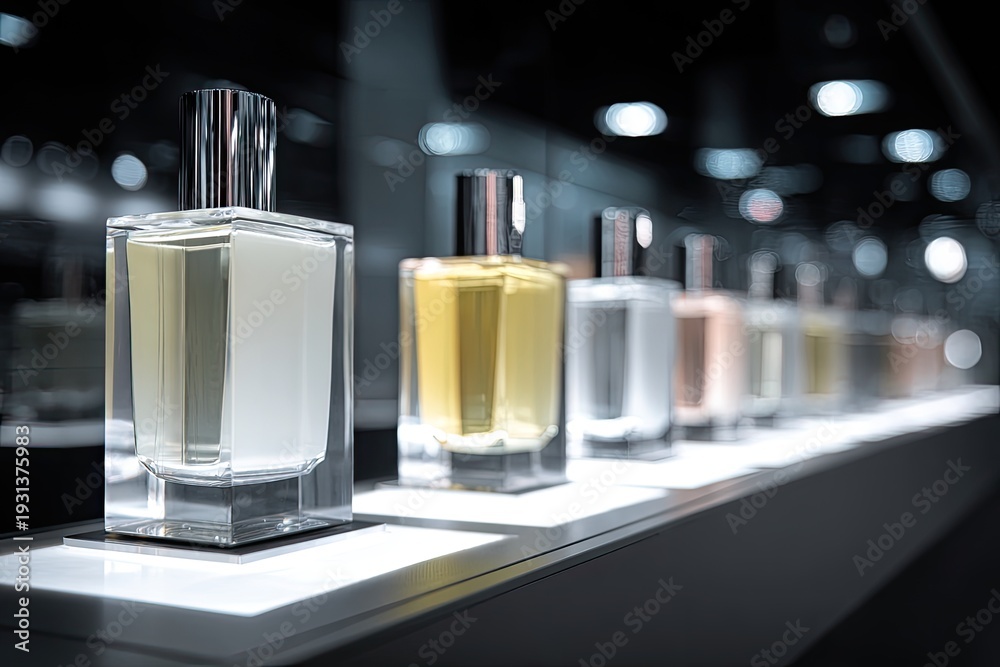 Fototapeta premium Elegant perfume bottles displayed in a row on a shelf with soft lighting.