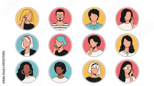 Diverse collection of male and female avatars in colorful circles for social media profiles and community member icons.
