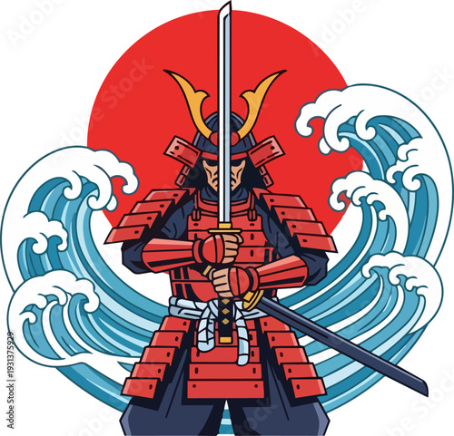Samurai warrior standing confidently with swords amidst crashing ocean waves against a red sun backdrop