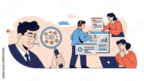 Team of business experts analyzing complex data networks and performing research on laptops for strategic growth.