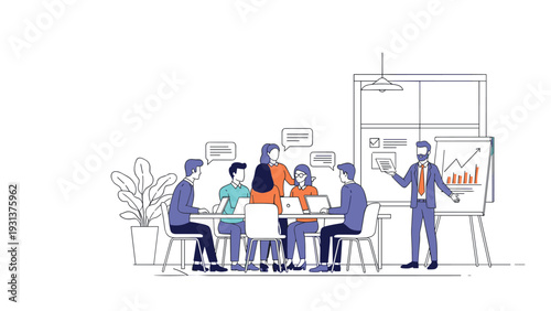 Professional business team attending a presentation in a modern office setting where a manager shows growth on a line graph whiteboard.