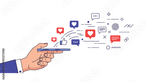 Dynamic illustration of a hand holding a smartphone with various social media icons like hearts and thumbs up floating from the screen.