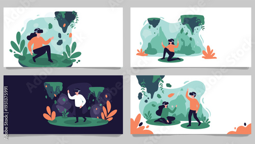 Collection of four illustrations showing people wearing virtual reality headsets exploring immersive digital worlds with floating islands.
