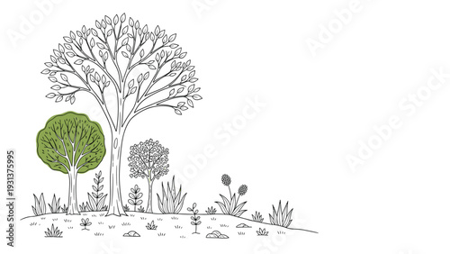 Hand drawn sketch of various trees and garden plants on a small mound with one green tree standing out among black and white outlines.