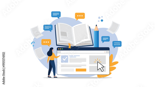 Comprehensive online learning illustration featuring a woman interacting with a webpage surrounded by books, pencils, and chat bubbles.