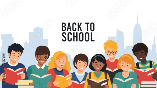 Diverse group of young students smiling and reading colorful books with a city skyline silhouette for a back to school theme.