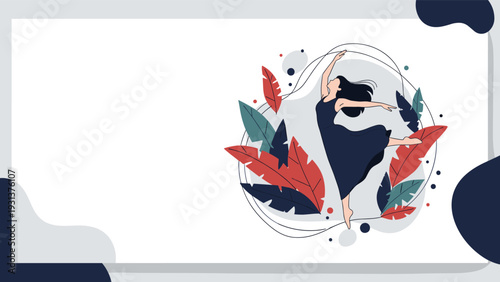 Artistic illustration of a graceful female dancer in a black dress performing against a background of large colorful tropical leaves.