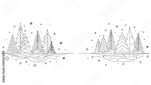 Minimalist black and white line art sketch of a dense winter forest with various styles of pine trees and falling snowflakes.