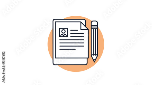 Simple flat icon of a resume or curriculum vitae document with a profile photo and a pencil isolated on an orange circular background.