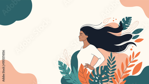 Beautiful profile illustration of a woman with long flowing dark hair surrounded by stylized colorful leaves and abstract shapes.