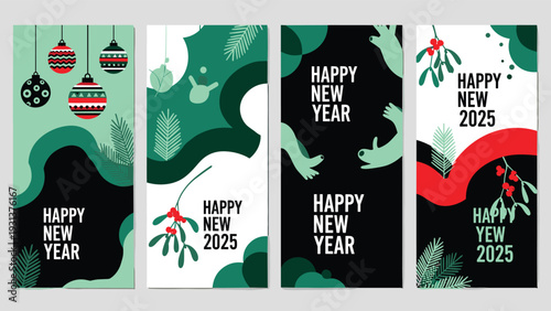 Set of four vertical holiday banners with Happy New Year and 2025 text featuring festive ornaments, mistletoe, and abstract shapes.