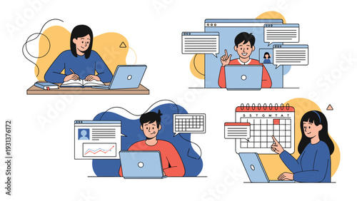 Young professionals engaged in various productive activities like remote video calls, studying, and scheduling on a calendar.