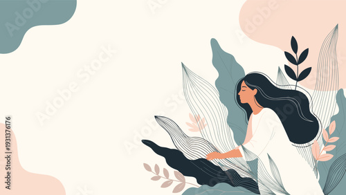 Peaceful illustration of a woman in a white dress standing among giant stylized leaves and botanical elements on a light beige background.