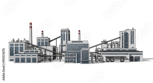 Modern industrial factory complex with pipelines and chimneys.