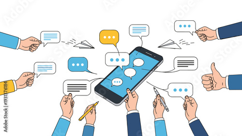 Group of hands holding speech bubbles and a central smartphone symbolizing social media interaction and digital feedback.