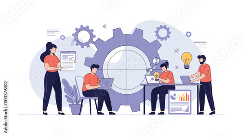 Business operations and workflow efficiency represented by people working together around a giant mechanical gear.