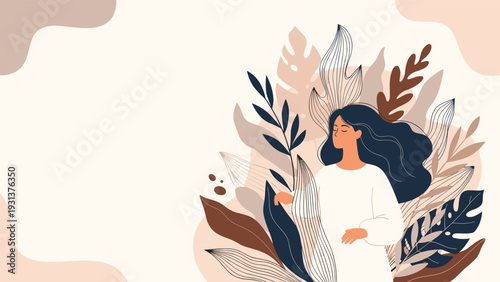Serene woman standing peacefully amidst large artistic leaves in neutral tones for mindfulness and self-care concepts.