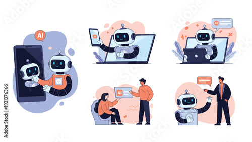 Modern illustrations exploring human and robot interaction with artificial intelligence for future technology concepts.