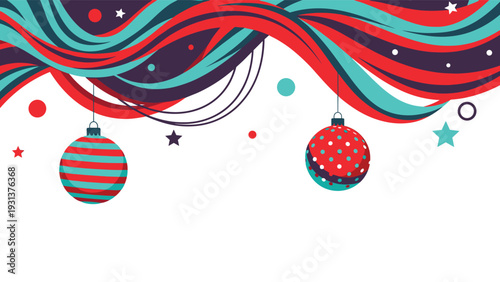 Colorful festive abstract background with red and teal flowing waves decorated with hanging christmas ornaments and stars.