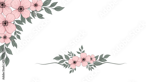 Elegant pink floral arrangement featuring delicate blossoms and green leaves used as a corner border and a decorative horizontal divider.