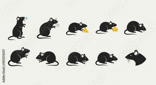 Set of black silhouette rats in various poses and emotions on white background conveying different moods and actions