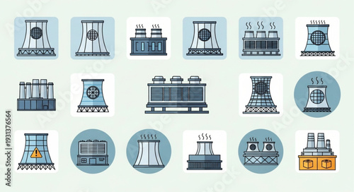 Cooling Towers Industrial Power Plant Icons Set.