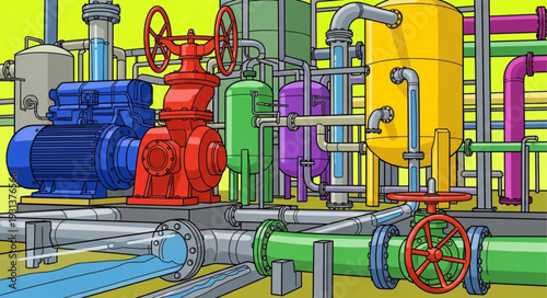 Industrial Factory Equipment With Colorful Pipes And Valves.