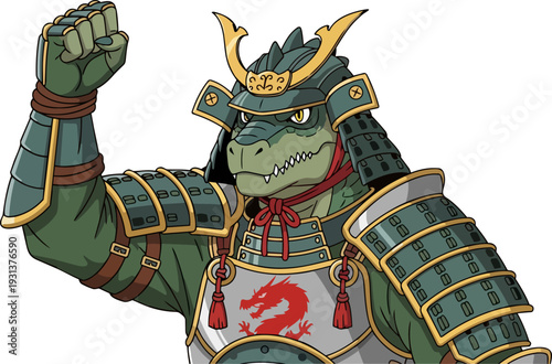 A cartoon alligator dressed as a samurai warrior standing proudly in a dynamic pose, showcasing intricate armor details and a determined expression