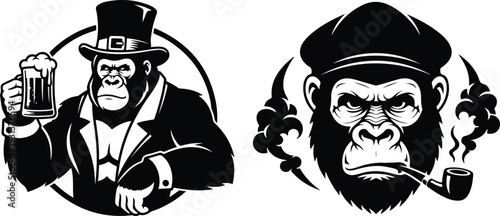 Vintage Gorilla Mascot Silhouette – Monkey Gentleman and Smoking Ape Vector Set