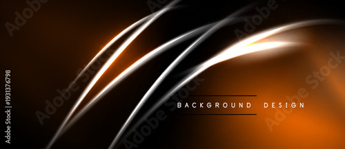 Abstract design features dynamic orange lines over black background. Smooth curves create modern visual effect. Minimalist style.