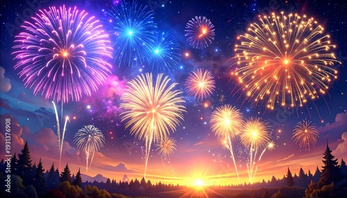 Vibrant fireworks exploding in a starry night sky