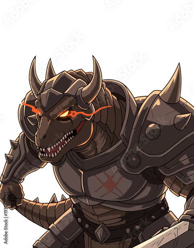 A fierce dragon warrior in heavy armor, ready to charge forward, illustrated from a dynamic angle