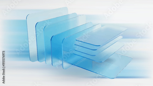 Modern blue glass panels forming dynamic abstract background with layered transparent shapes and soft gradient depth effect composition.