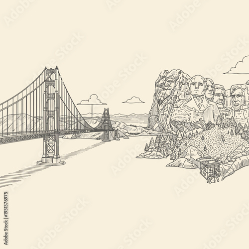 Golden Gate Bridge and Mount Rushmore National Memorial in detailed line art.