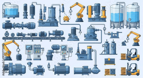 Industrial factory equipment and machinery illustration.
