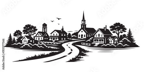 Small Town Landscape Silhouette, Vector Illustration, Isolated on White Background