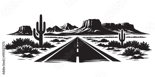 Road Trip Landscape Silhouette, Vector Illustration, Isolated on White Background