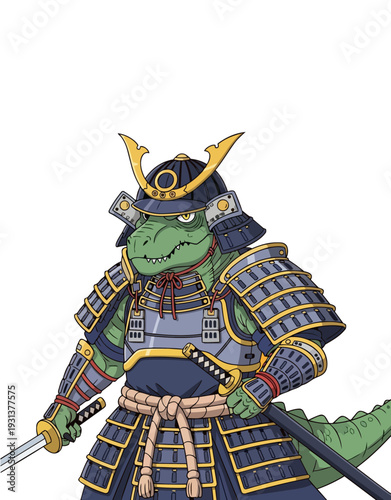 Illustration of a samurai crocodile in traditional Japanese armor, standing proudly with swords in a feudal landscape
