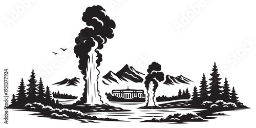 Yellowstone National Park Landscape Silhouette, Vector Illustration, Isolated on White Background