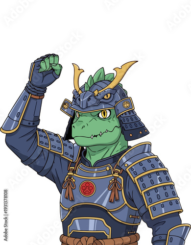 A cartoon green dinosaur in samurai armor standing triumphantly with a raised fist, viewed from the front.