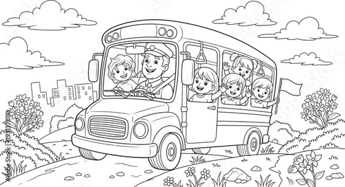 A school bus driving down a rural road with students and a driver