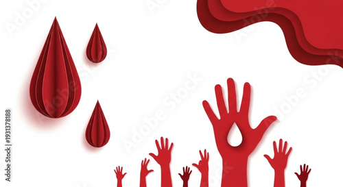 Striking paper-cut illustration for blood donation, depicting hands reaching and stylized red drops, symbolizing community support, health awareness, and the profound gift of life