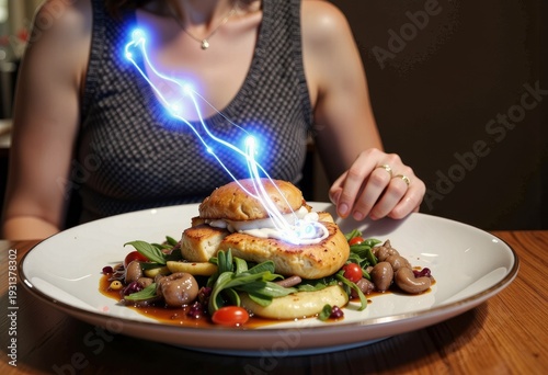 Wallpaper Mural Futuristic Cuisine: Special Glowing Energy Presentation Featuring Savory Chicken and Vibrant Vegetables Delightfully Arranged on an Elegant Dining Plate Torontodigital.ca